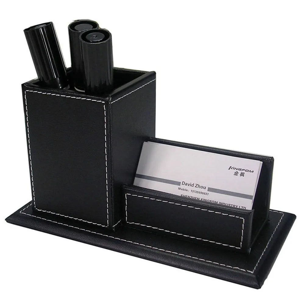

Office Desk Organizer PU Leather Pen Holder with Wireless Charging Stand, Square Pencil Pot + Name Card Holder