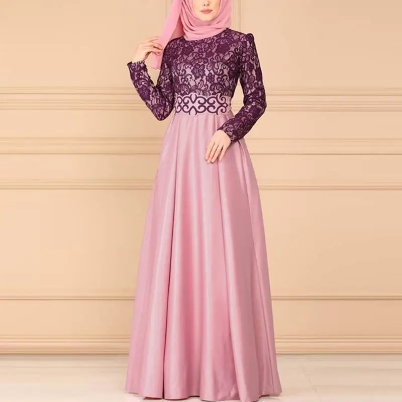 Pink MISSJOY мусульманское женское Платье абайя кружевное винтажное арабское кимоно Jubah Дубай элегантная Исламская одежда Femme Robe S-5XL Платье - Цвет: Pink
