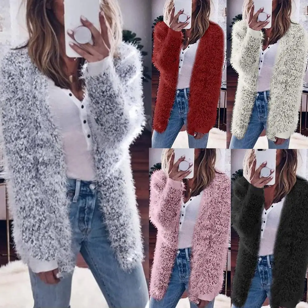 Женский однотонный Пушистый кардиган с длинным рукавом вязаный открытым передом