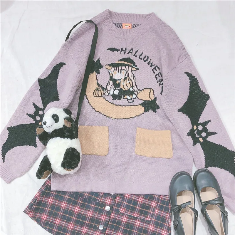 Корейский элегантный стиль аниме узор жаккард круглый воротник вязаный свитер