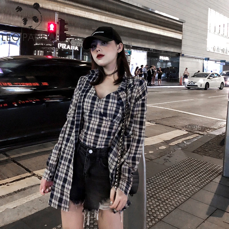 

2020 New Woman Camisole Vent Vintage Plaid Shirt Single Breasted Turn down Collar Cotton Long Sleeve Button