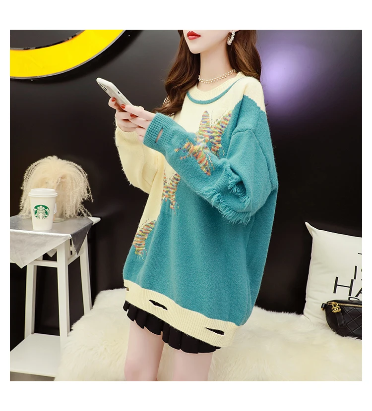 

2021 Winter Patchwork Sweater and Jumpers Long Sleeve Stars Printed Pullovers Chic Streetwear Hole Sweaters Butterfly Pull