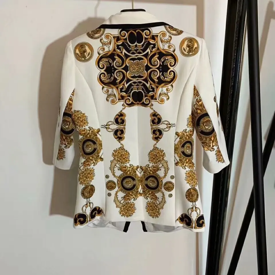 8,26 высокое качество двубортный винтажный Печатный отложной воротник с длинным рукавом Блейзер Пальто+ прямые брюки с принтом костюм