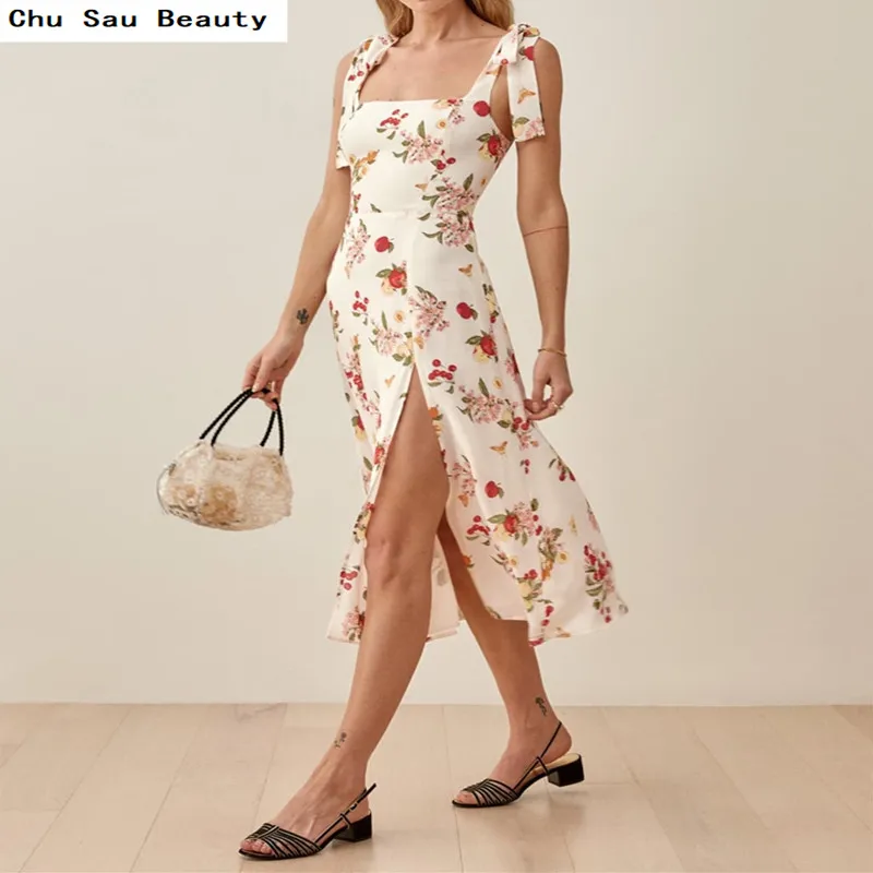 

2021Women's Fashion Summer Vacation Beach Skirt, Ladies Elastic Bust, French Small Floral Slimming, Sexy Split Strap Strap Dress