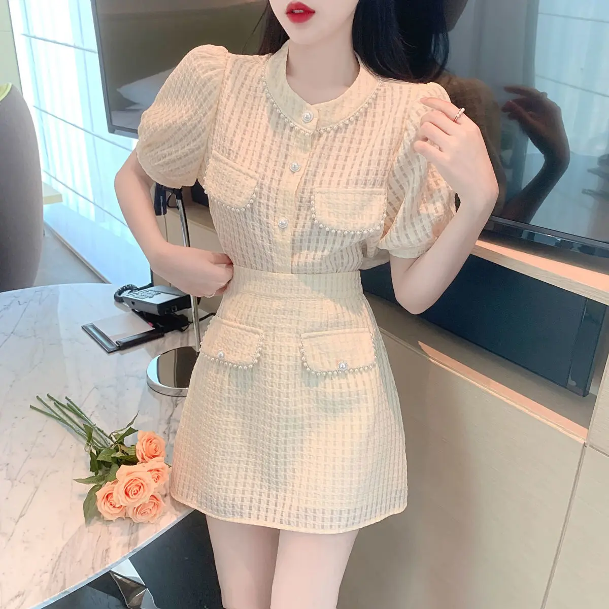 

2021 summer sweet age reducing top + high waist slim A-line skirt