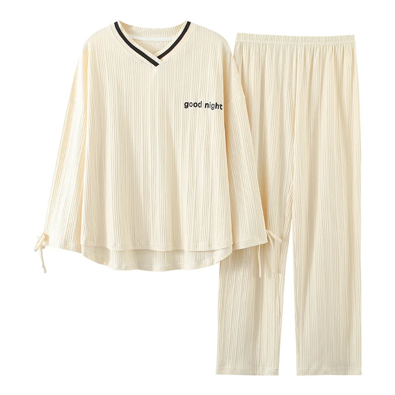 Pajamas Women's Long Sleeved Cotton Simple Leisure Suit Lady Home Clothes 2Pcs Set Sleepwear Female Nightwear Nightgown