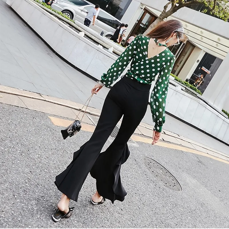 

Elegant High Waist Split Ruffles Flare Pants Women New Summer Loose Fashion Black Office Flared Trousers Wide Leg Pants