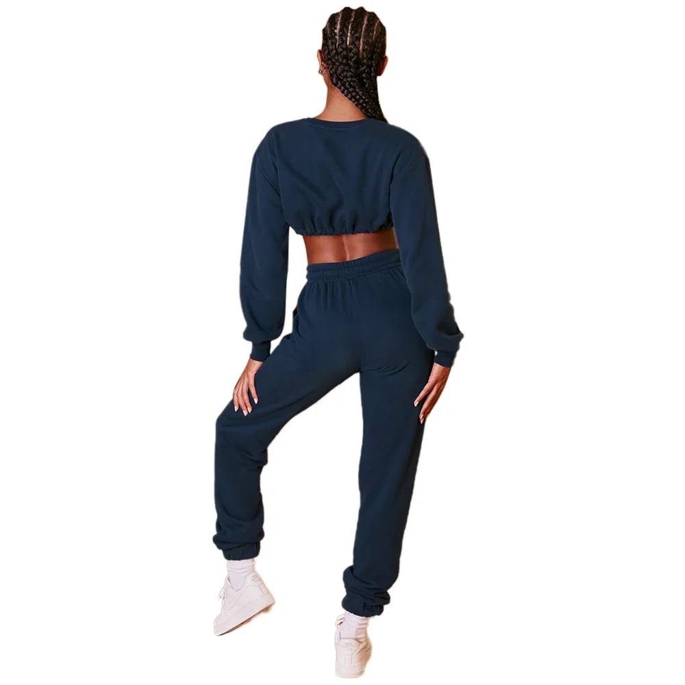 

Activewear Workout Sporty Home Suit for Women 2021 Fashion Solid Long Sleeve Crop Top and High Waist Baggy Sweatpant 2 Piece Set