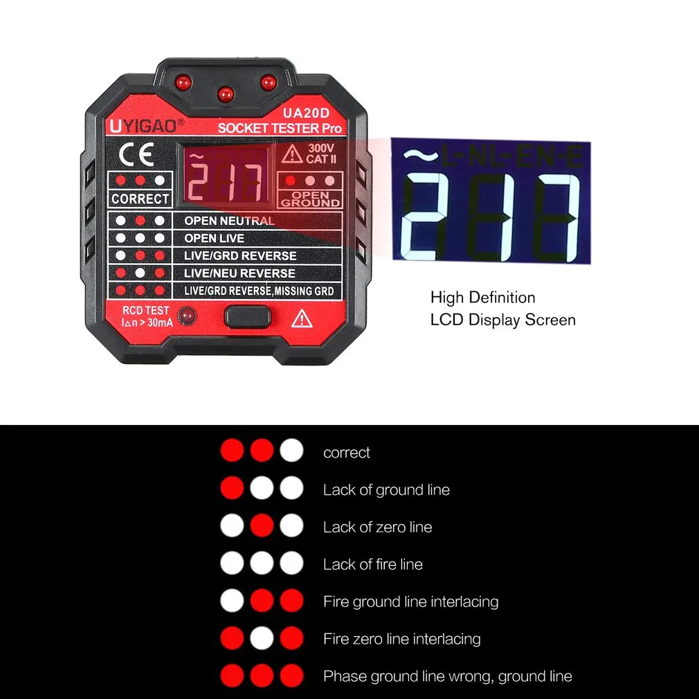 UYIGAO Portable Mini Digital Voltmeter Socket Tester Charger Detector Tester Voltage Tester Breaker Finder RCD Test UA20D