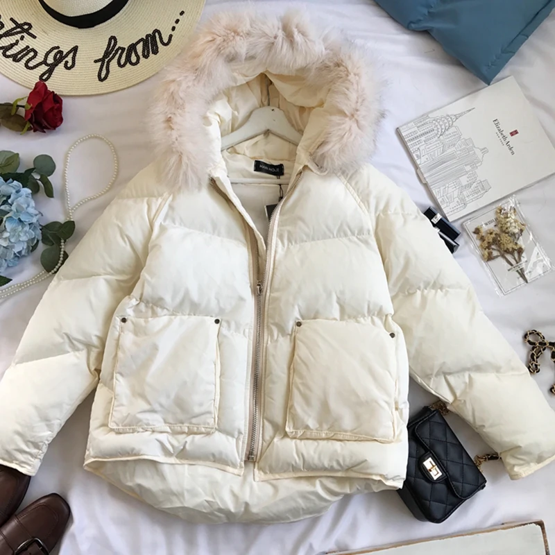 

2019 New Women's Down Cotton Jacket fashion Warm thick large size Leisure loose Fur collar hooded Coat Female cc929