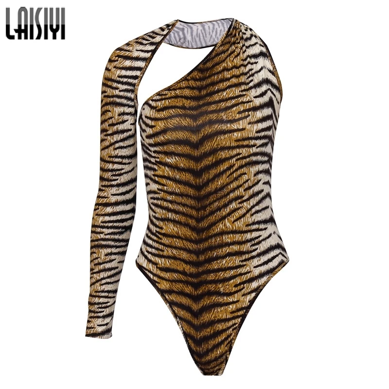 

LAISIYI 2019 New Tiger Print One Shoulder Sexy Bodysuit Women Long Sleeve Autumn Winter Streetwear Club Outfits Body ASJU20603