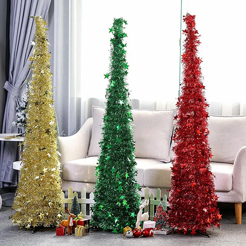 Green Pop Up Christmas Tinsel Tree With Stand Gorgeous Collapsible Artificial Christmas Tree For Christmas Decorations 1.2M 1.5M