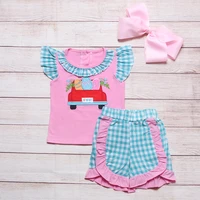 summer girls clothes pink sleeveless top and blue plaid shorts easter truck pull eggs embroidered pattern toddler girl outfits