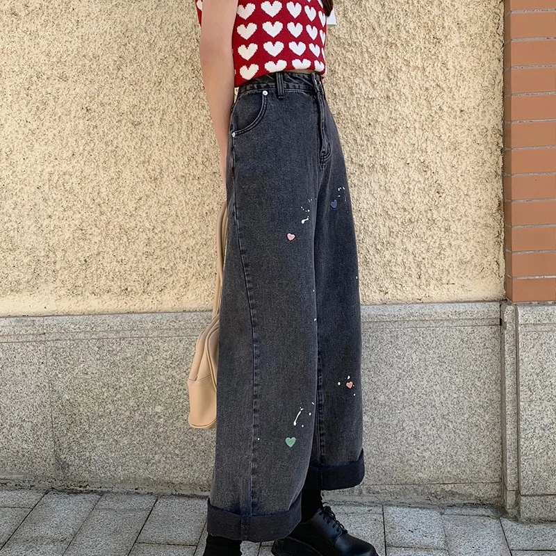 

y2k Women's pants pants for women 2021 new Korean ink splashing love jeans high waist straight pants