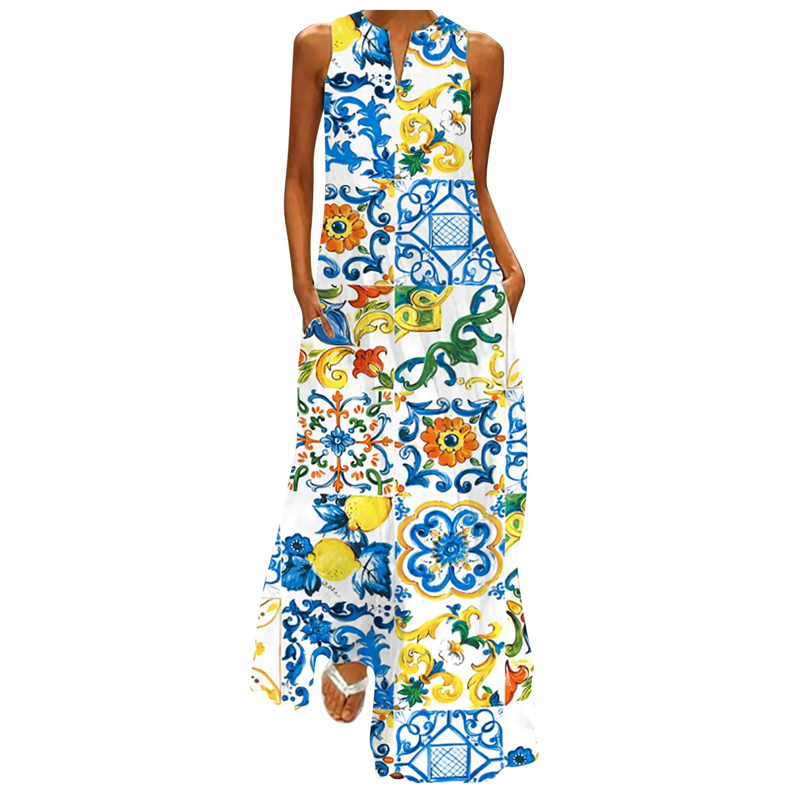 

Casual Women's Summer Print Sleeveless Pocket Loose Dress 2021 Retro Plus Size Floral Maxi Dress V-Neck Sexy Female Long Dresses