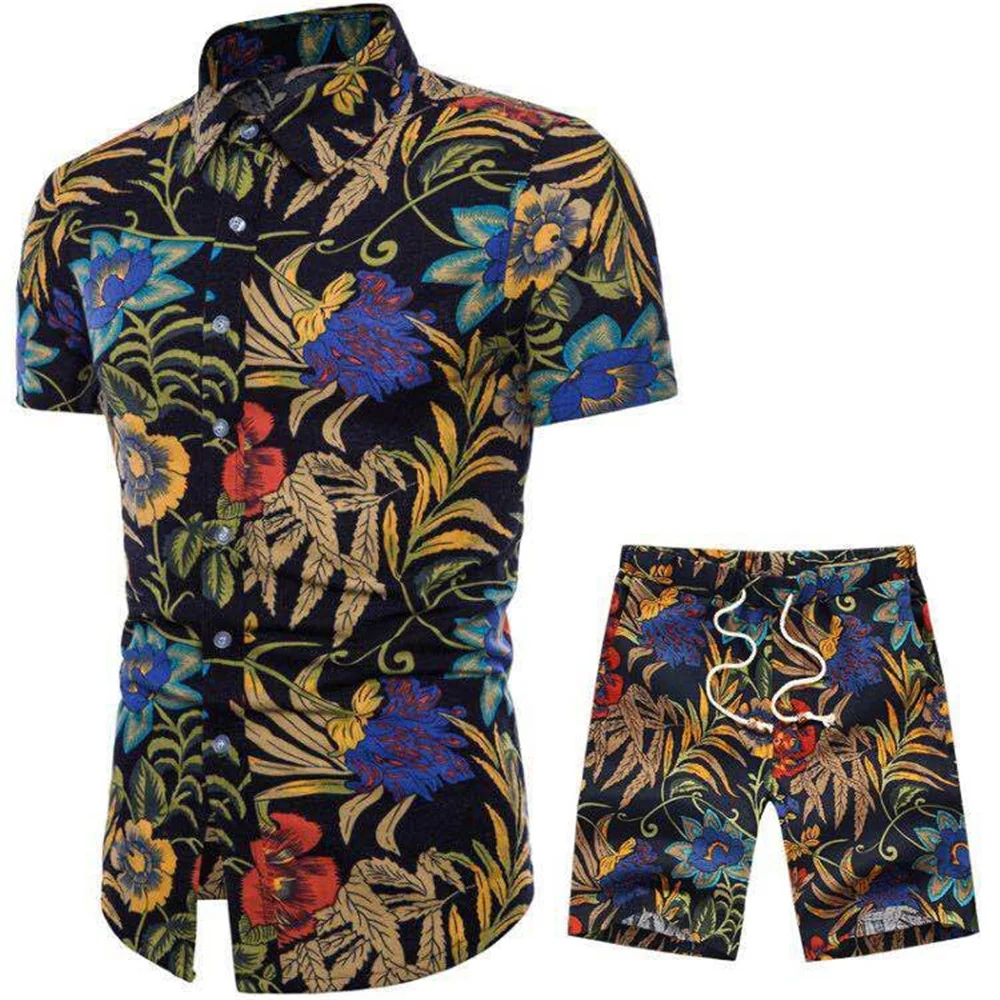 

Hawaiian Print Suit 2021 Summer Short Sleeve Button Shirt Beach Shorts Street Casual Men Suit 2 S-5XL Incerun
