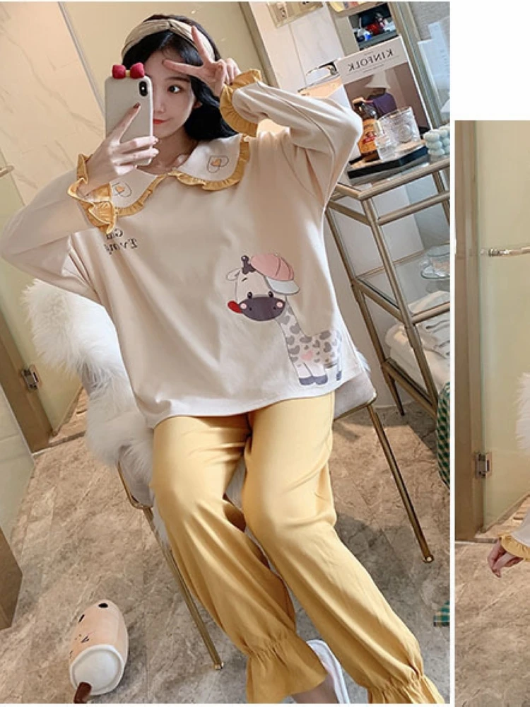 

2021 spring and autumn pajamas women's long-sleeved new cute cartoon thin section comfortable home service ladies two-piece suit