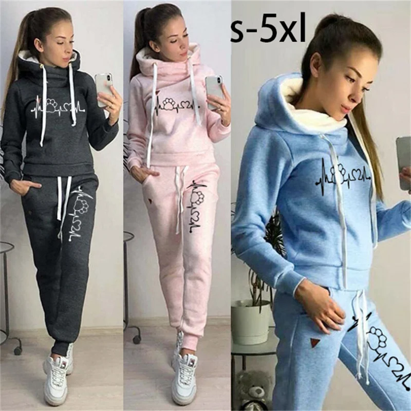 

Two Piece Sets Casual Tracksuits Women Hooded Fleece Pullover Hoodies and Pants Suit Autumn Spring Outfits Female Sweatshirts