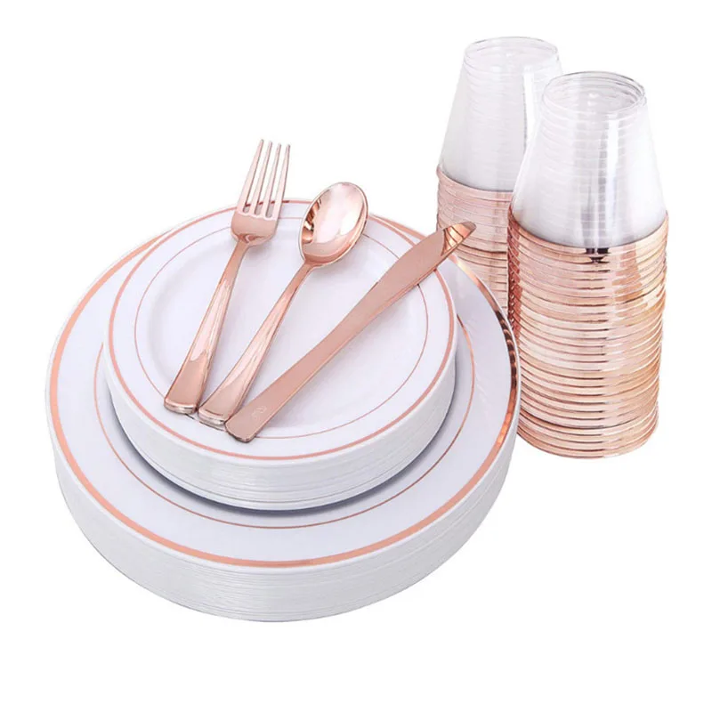 

Одноразовые розовые золотые столовые приборы комплект Свадебная вечеринка для вечеринок в западном стиле лоток Позолоченные ювелирные из...