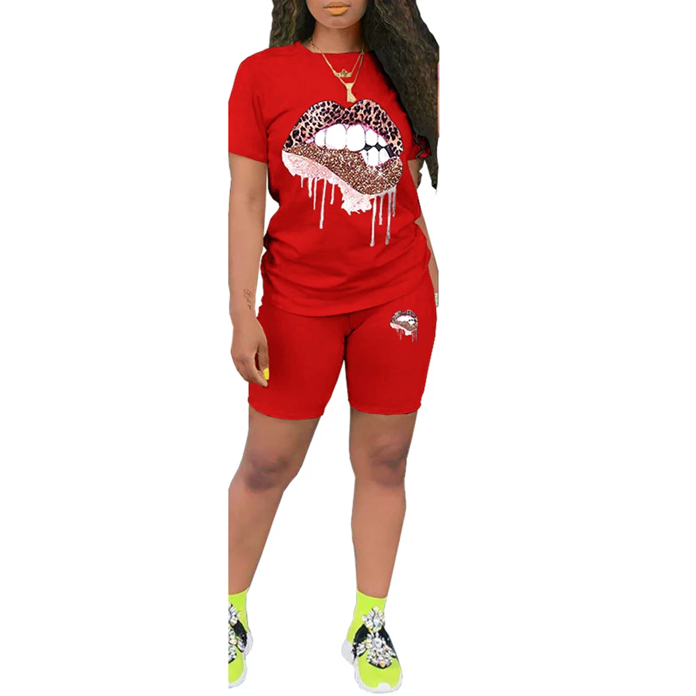 

New Womens 2 Piece Casual Outfit O Neck Short Sleeves Lips Print T-shirt + High Waist Shorts Woman Tracksuits 2 Pieces Suit