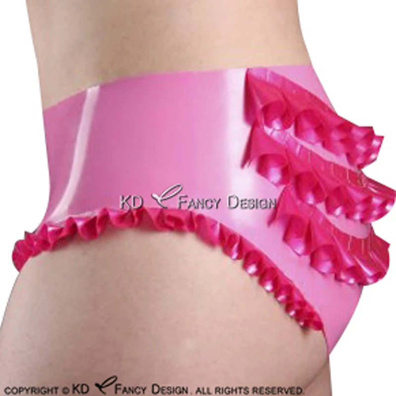 Metallic Pink And Rose Red Sexy Latex Briefs With Ruffles Rubber Underwears Panties Underpants DK-0131