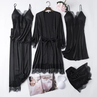 black 5pcs lace satin robe gown sets sexy womens nighty bathrobe nightgown sleep suit spring sleepwear home kimono pajamas