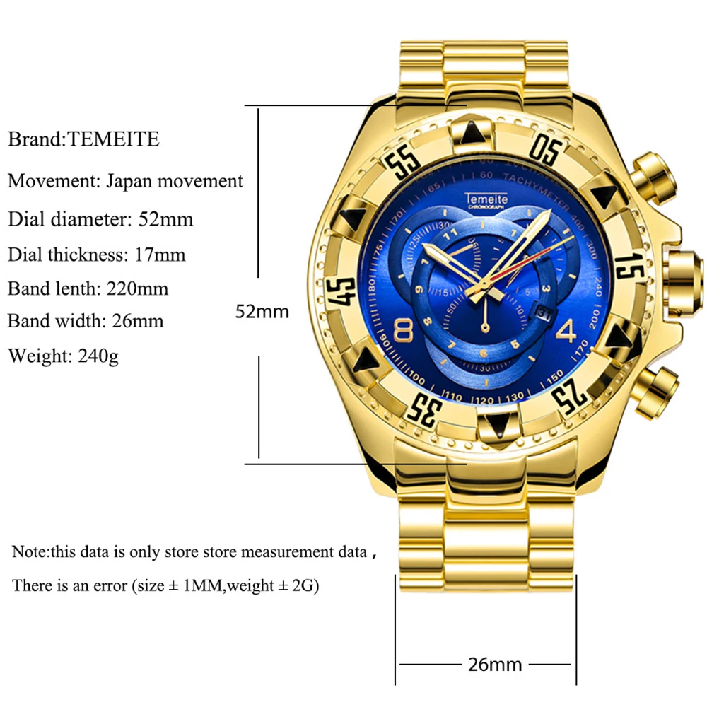 Montre à Quartz pour hommes, Date automatique, grand cadran 52mm, étanche, en acier, chronographe lumineux, horloges