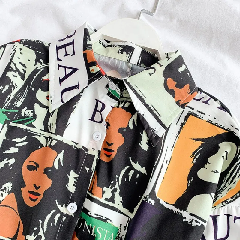 Модная женская блузка в винтажном стиле с мультяшным принтом рубашка отворотом