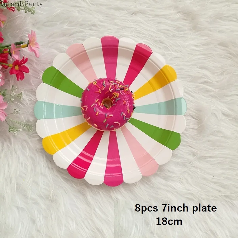 

8pcs Birthday Party Paper Plate Disposable Paper Plate Straw Cup Colored Stripes for Wedding Birthday Decoration Party Supplies
