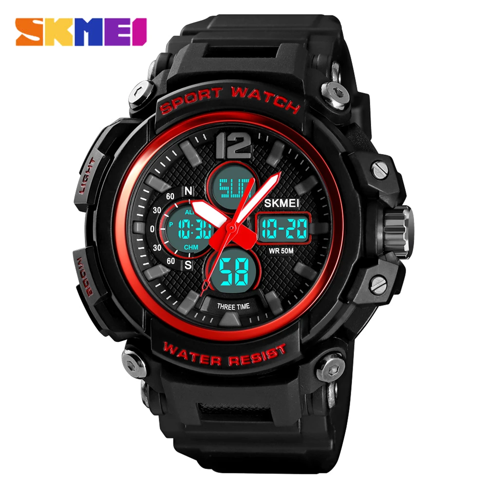 Red SKMEI Мужские Цифровые часы с двойным дисплеем кварцевые часы Chrono спортивные часы 5 бар водонепроницаемые мужские наручные часы Relogio Masculino 1498 - Цвет: Red