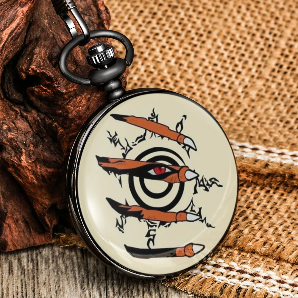 

Japanese Anime Pattern Pocket Watch Printing Retro Black Thick Chain Alloy Case Quartz Pendant Watch Gift Present Animation