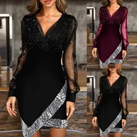 nouvelle robe de femme noire sexy v neck screen splice paillettes short dress slim fit high size hollow fashion dress