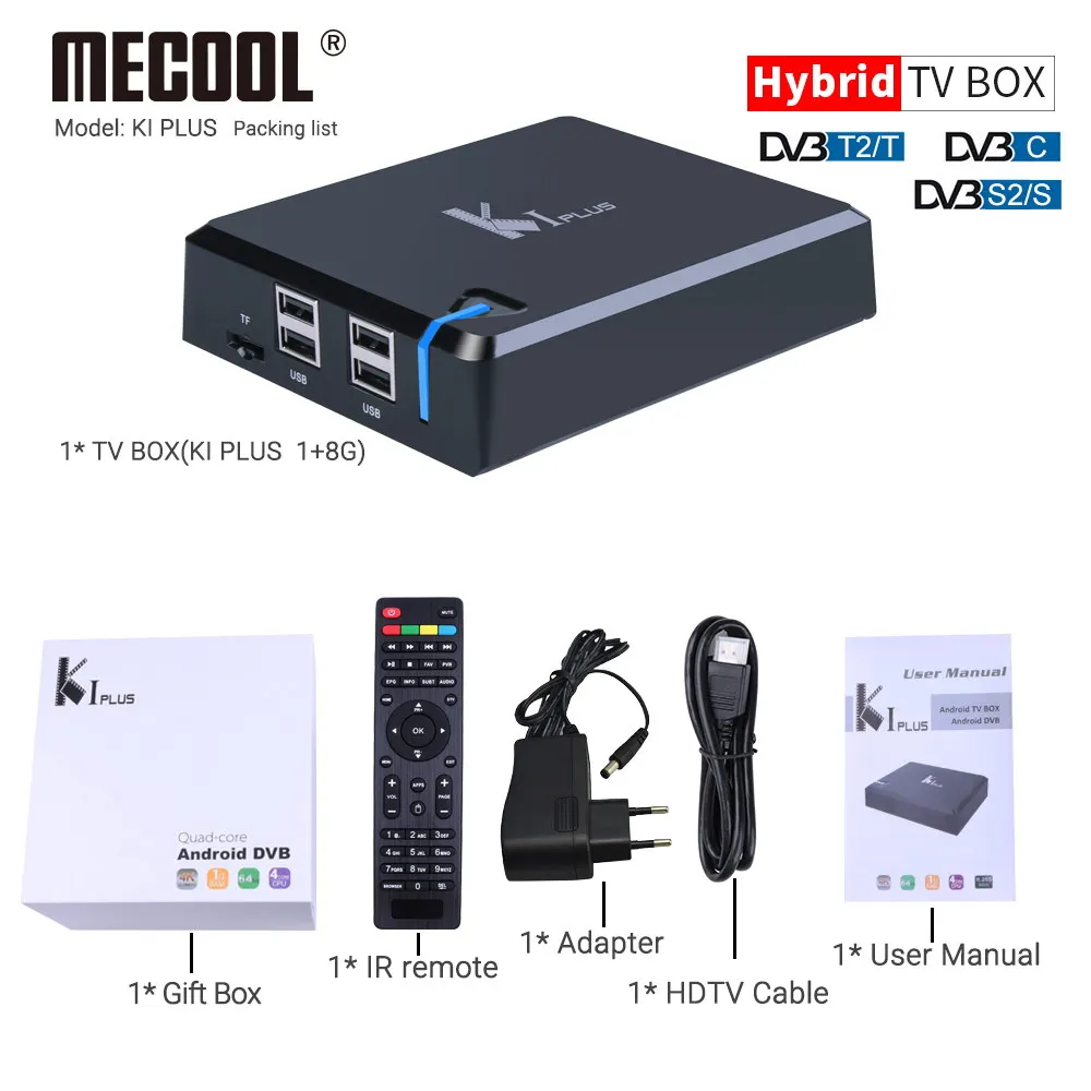 KI Plsu DVB TV BOX MECOOL KI Plus S2 T2 DVB tv Box, 2в1 K1 DVB-S2 DVB-T2 Android Amlogic S905D 1G 8G 4k CCCAM IP tv Smart tv Box - Цвет: KI Plsu DVB TV BOX