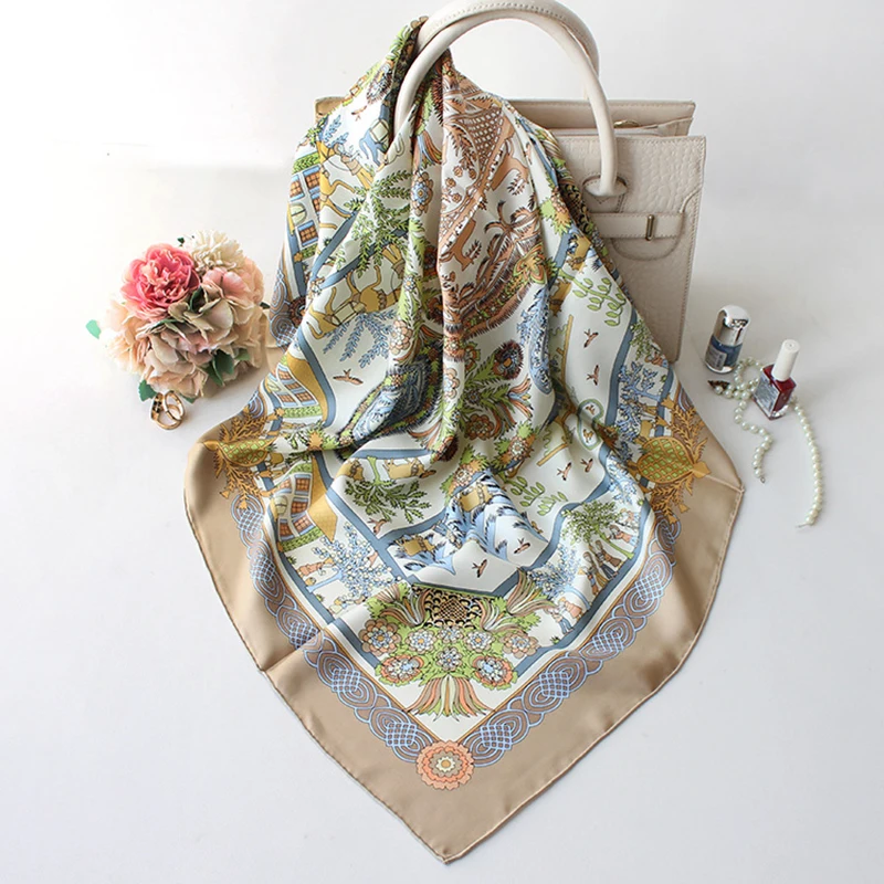

100% Twill Silk Scarf Women Vintage Kerchief Bandana Heart Flower Garden Print Shawl Hijab Hand Rolled Stole 35"*35"