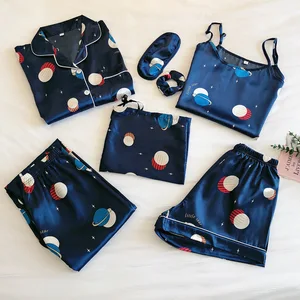 Пижама женская атласная с вышивкой, пижамный комплект из 3 и 7 предметов, одежда для сна, шелковая Домашняя одежда, для сна и отдыха, с нагрудными подушечками