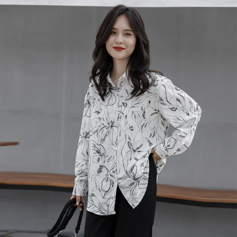 

Spring Autumn Fashion Print Loose Long Sleeve Shirt Womens Tops Vintage Elegant Casual Button Up Shirt Ladies Blouse 3156