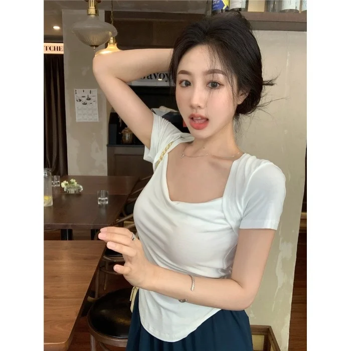 Рубашка Design Sense Черная Женская облегающая футболка с квадратным вырезом и