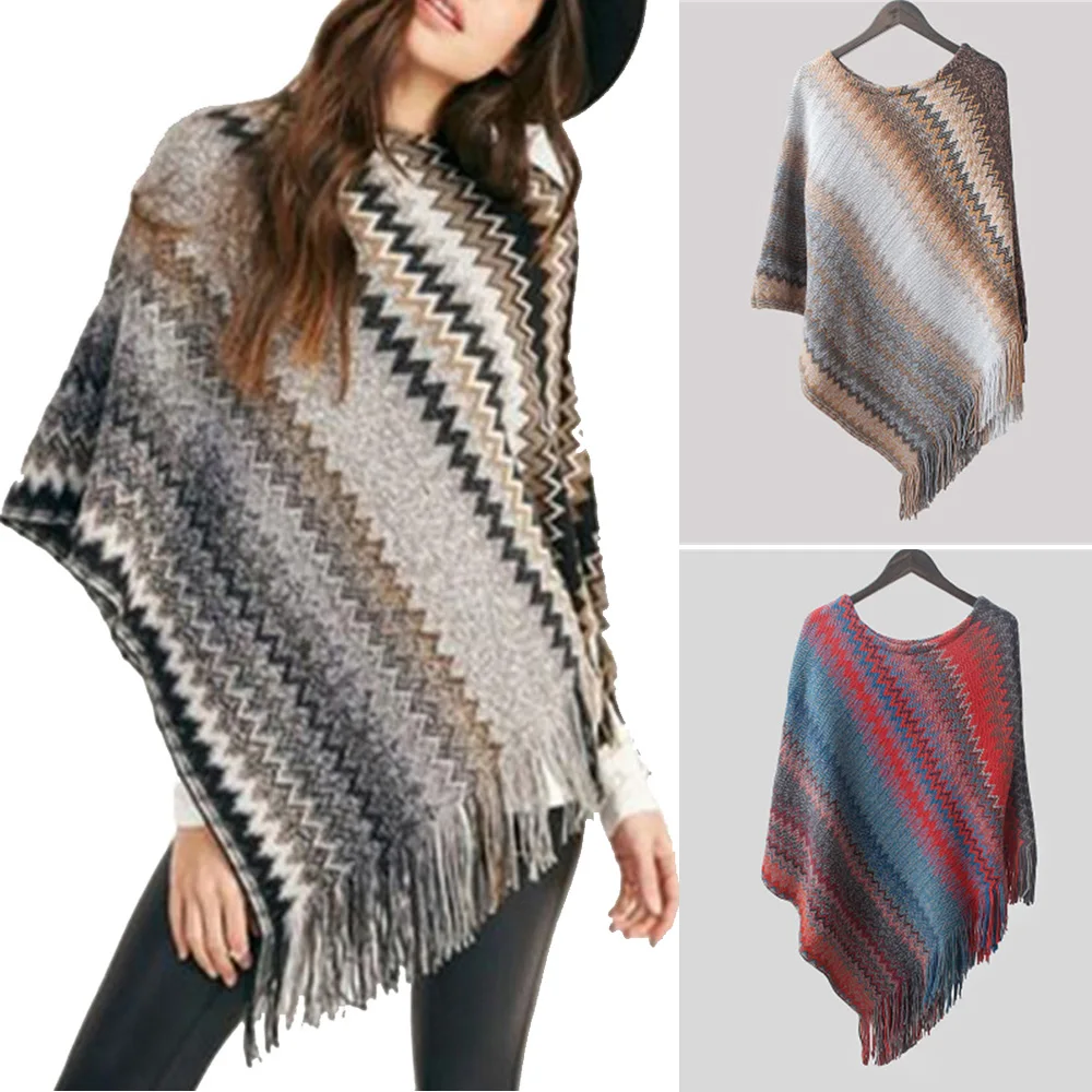 Women's Sweater Tops Round Neck Autumn Winter Wavy Strip Irregular Tassel Elegant Party Loose Shawl Cloak Ladies | Женская одежда
