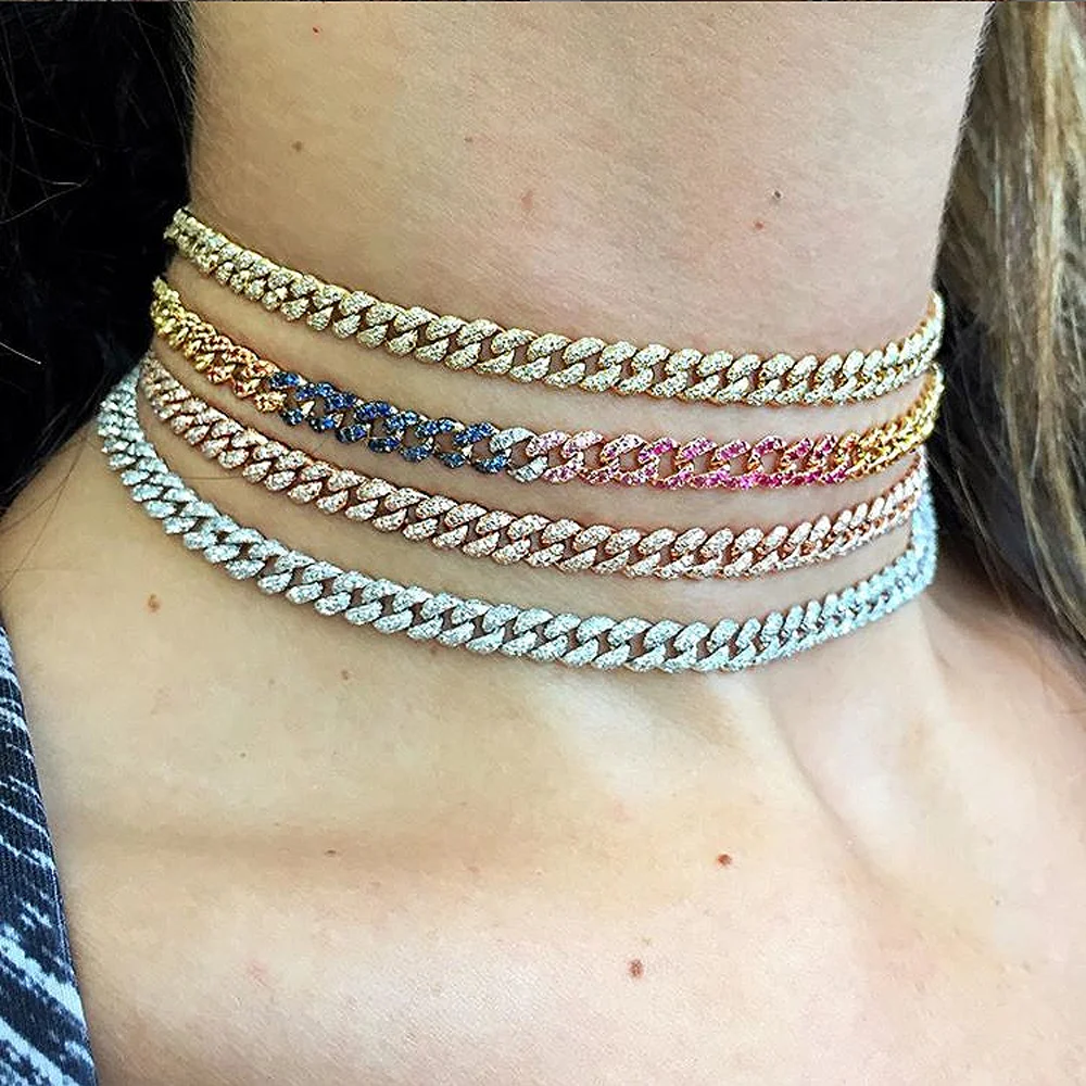 New 8mm Rainbo CZ Iced Out Hiphop Bling Miami Curb Cuban Link Chain Necklace For Women Rock Adjust Size Choker Jewelry | Украшения и