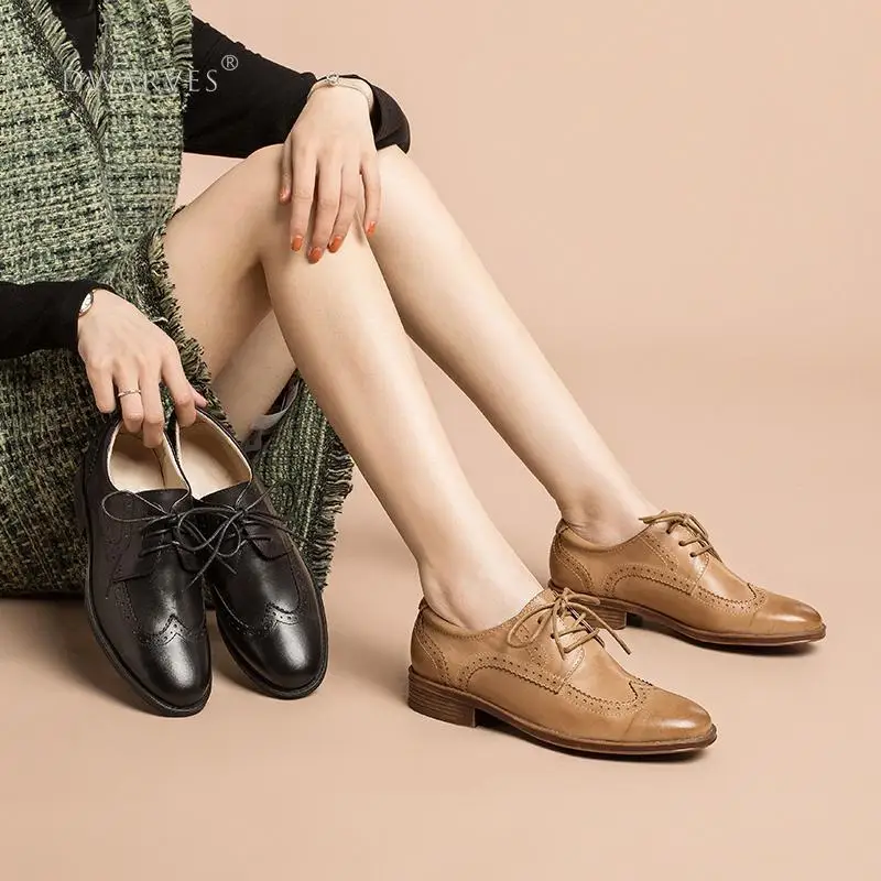 

Женские броги ручной работы из овчины Оксфорды и галстук на низком каблуке Элегантные коричневые/черные