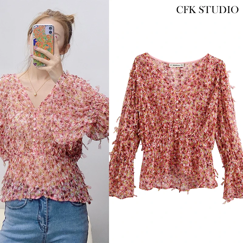 Женская блузка с v образным вырезом Za элегантная розовая цветочным принтом