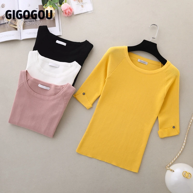 GIGOGOU Women's Sweaters Half Sleeve Spring Autumn Women Pullover Sweater High Elasticity Pull Femme Top Jersey Mujer | Женская