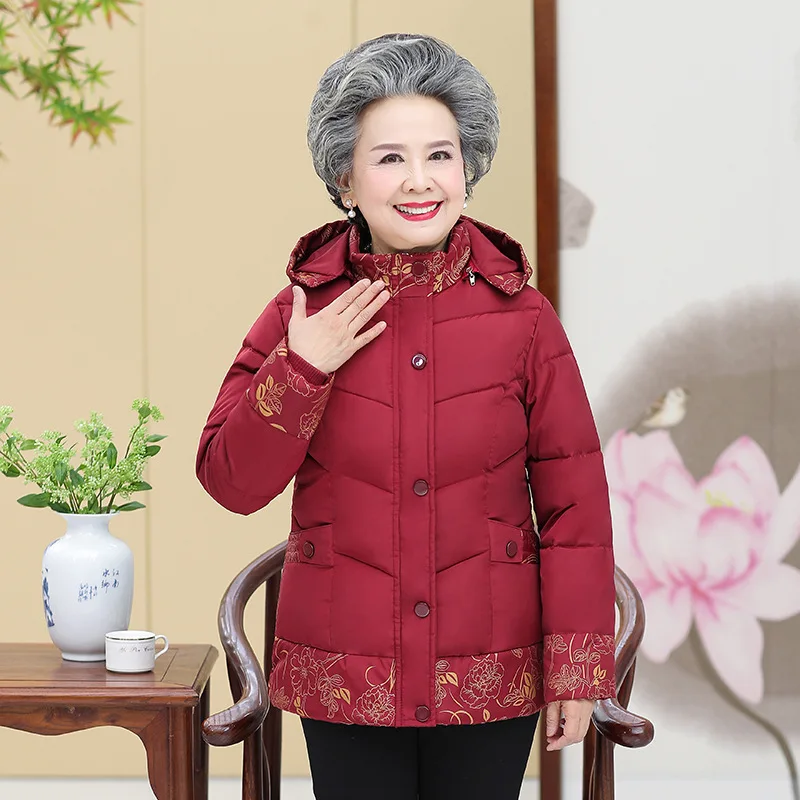Пальто из хлопка для пожилых мам 60-70 зимние куртки г. Новые плотные теплые пальто с капюшоном и принтом куртка для Parkers верхняя одежда для мам A1021