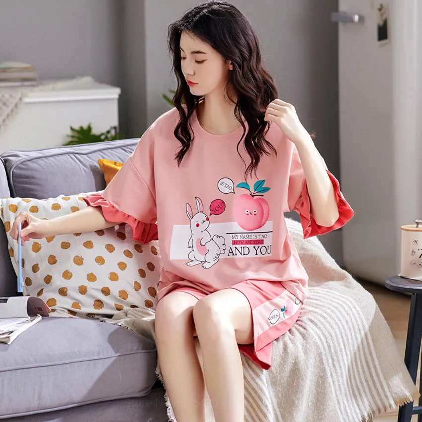 

Summer Cotton Student Pajamas Set Women Cartoon Short Sleeve Thin Casual Sweet Cute Big Size M-XXL Sleepwear Female Nighties