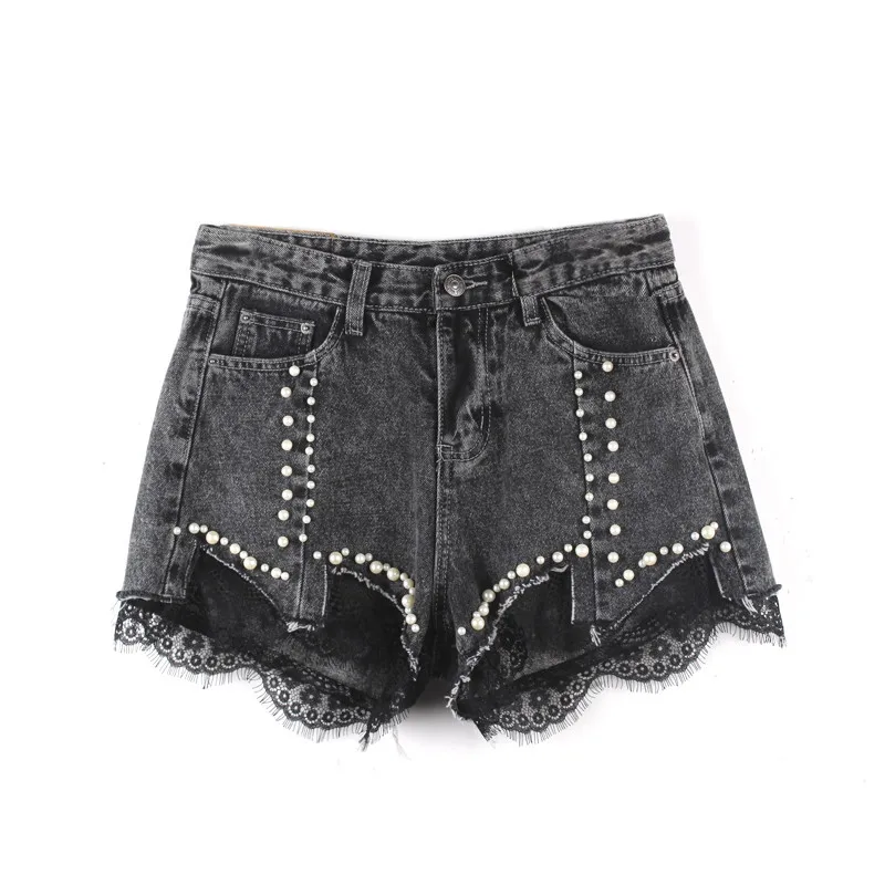 

Denim Shorts Female 2021 Summer New Korean High Waist Loose Fashion Ripped Heavy Work Beaded Lace Wide-Leg Jeans Woman Cloth 051