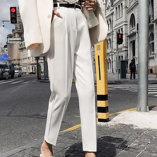 OL стиль белые женские брюки пояса Карандаш Брюки Высокая талия элегантные