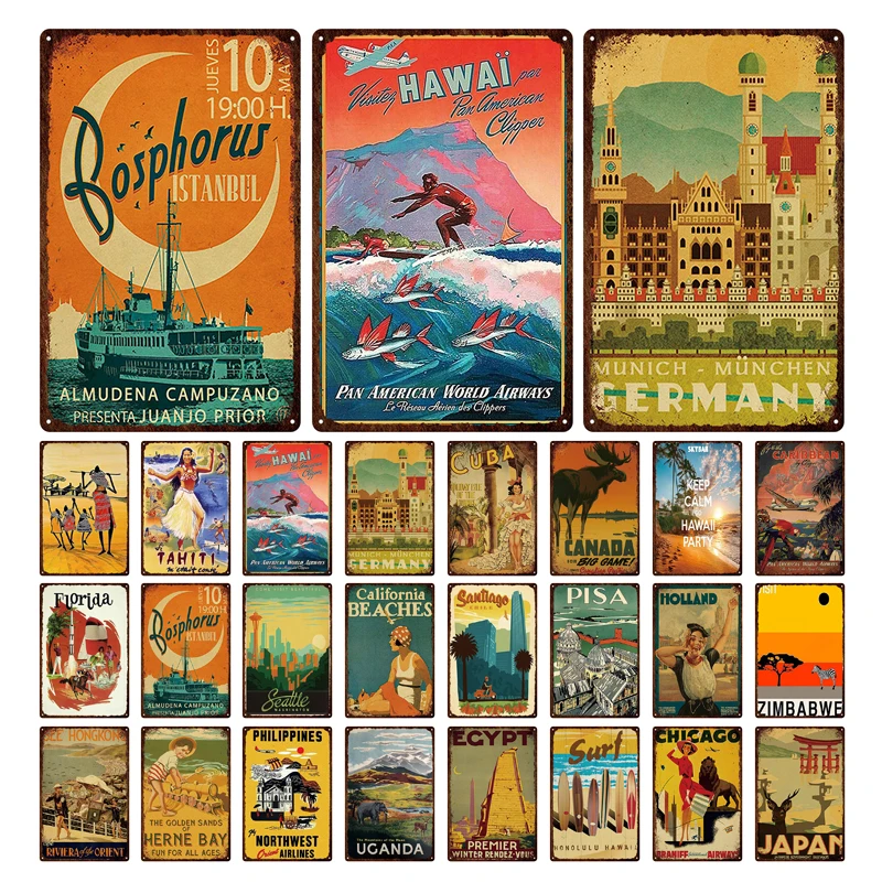 Дорожный городской мультяшный пейзаж жестяной постер Гавайские немецкие