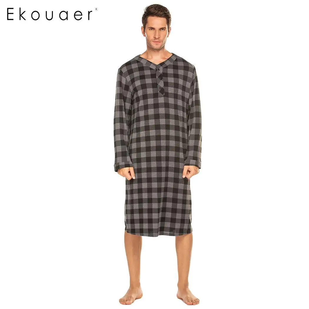 Ekouaer Мужская Ночная рубашка с длинным рукавом легкая и длинная одежда для дома |