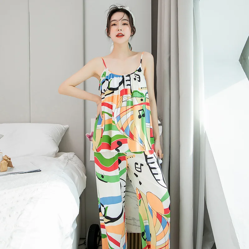 

Sweet Satin Pajamas Set Women Printed Round Neck Summer Korean Pajamas Sleeveless Nightgown 2 Piece Pajama Set Women Schlafanzug