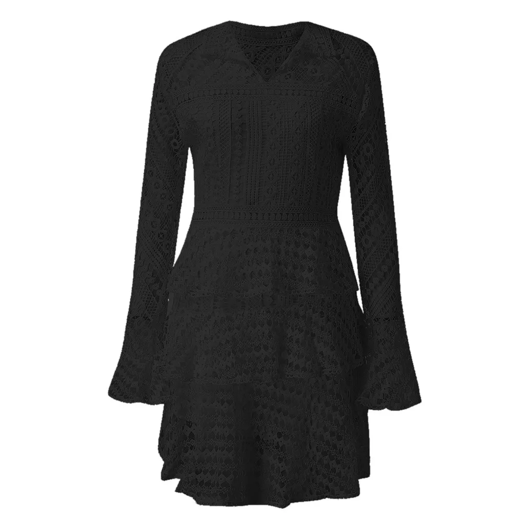 JAYCOSIN женское мини платье женская зимняя мода длинный рукав фонарик кружевное